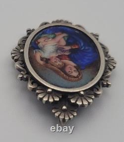 Antique Solid Silver Enamel Painted Medal Pendant Virgin and Child Madonna #H4