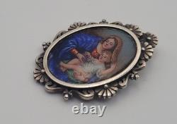 Antique Solid Silver Enamel Painted Medal Pendant Virgin and Child Madonna #H4