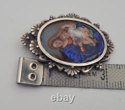 Antique Solid Silver Enamel Painted Medal Pendant Virgin and Child Madonna #H4