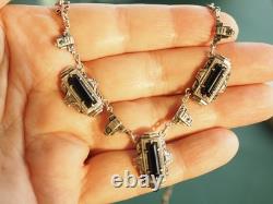 Antique Solid Silver Necklace with Onyx and Marcasites