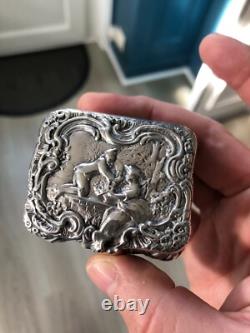 Antique Solid Silver Pill Box, 18th Century Hanau, 66.4g, Gallant Scene