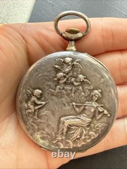 Antique Solid Silver Pocket Watch with Key Wind for Art Nouveau Parts