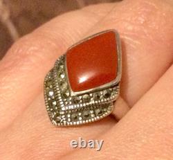 Antique Solid Silver Ring T53 with Marcasites-Carnelian-Old/Vintage Jewelry