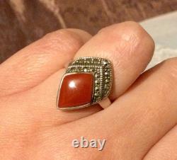 Antique Solid Silver Ring T53 with Marcasites-Carnelian-Old/Vintage Jewelry