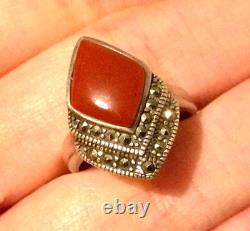 Antique Solid Silver Ring T53 with Marcasites-Carnelian-Old/Vintage Jewelry