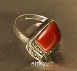 Antique Solid Silver Ring T53 with Marcasites-Carnelian-Old/Vintage Jewelry