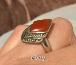Antique Solid Silver Ring T53 with Marcasites-Carnelian-Old/Vintage Jewelry