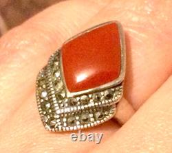 Antique Solid Silver Ring T53 with Marcasites-Carnelian-Old/Vintage Jewelry