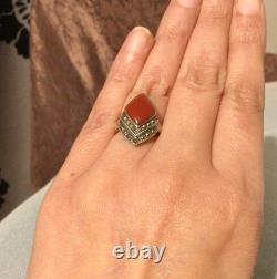 Antique Solid Silver Ring T53 with Marcasites-Carnelian-Old/Vintage Jewelry