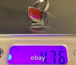 Antique Solid Silver Ring T53 with Marcasites-Carnelian-Old/Vintage Jewelry