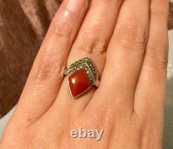 Antique Solid Silver Ring T53 with Marcasites-Carnelian-Old/Vintage Jewelry