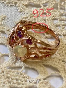 Antique Solid Silver Ring Vermeil Real Opal Amethyst Tourmaline
