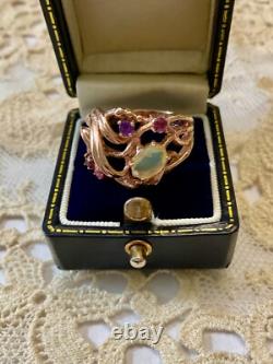 Antique Solid Silver Ring Vermeil Real Opal Amethyst Tourmaline
