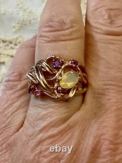 Antique Solid Silver Ring Vermeil Real Opal Amethyst Tourmaline