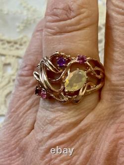 Antique Solid Silver Ring Vermeil Real Opal Amethyst Tourmaline