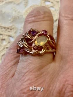 Antique Solid Silver Ring Vermeil Real Opal Amethyst Tourmaline