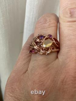 Antique Solid Silver Ring Vermeil Real Opal Amethyst Tourmaline