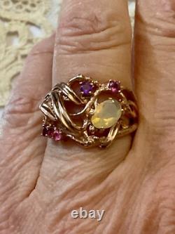 Antique Solid Silver Ring Vermeil Real Opal Amethyst Tourmaline