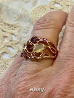 Antique Solid Silver Ring Vermeil Real Opal Amethyst Tourmaline