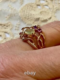 Antique Solid Silver Ring Vermeil Real Opal Amethyst Tourmaline