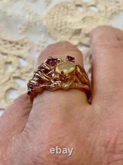 Antique Solid Silver Ring Vermeil Real Opal Amethyst Tourmaline