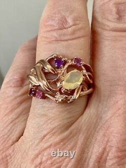 Antique Solid Silver Ring Vermeil Real Opal Amethyst Tourmaline