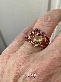 Antique Solid Silver Ring Vermeil Real Opal Amethyst Tourmaline