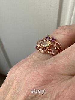 Antique Solid Silver Ring Vermeil Real Opal Amethyst Tourmaline