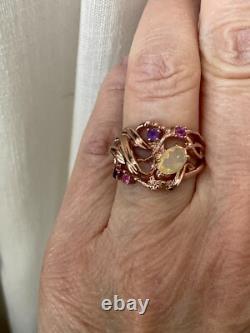 Antique Solid Silver Ring Vermeil Real Opal Amethyst Tourmaline