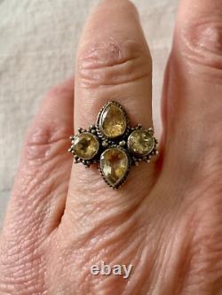 Antique Solid Silver Ring with 4 Genuine Citrines Size 56