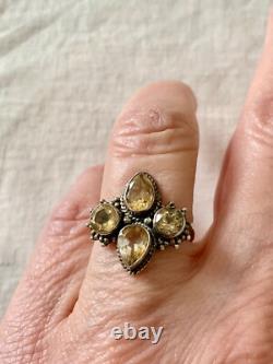 Antique Solid Silver Ring with 4 Genuine Citrines Size 56