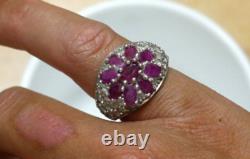 Antique Solid Silver Ring with 9 Rubies, Flowers, 925 Silver Rings Collection