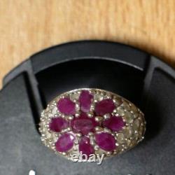 Antique Solid Silver Ring with 9 Rubies, Flowers, 925 Silver Rings Collection