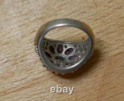Antique Solid Silver Ring with 9 Rubies, Flowers, 925 Silver Rings Collection
