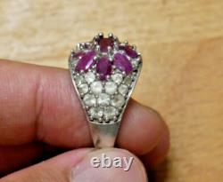 Antique Solid Silver Ring with 9 Rubies, Flowers, 925 Silver Rings Collection
