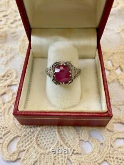 Antique Solid Silver Ring with Large Genuine Ruby