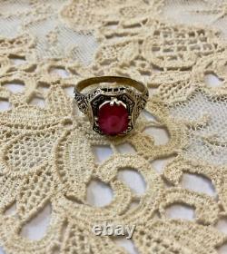 Antique Solid Silver Ring with Large Genuine Ruby