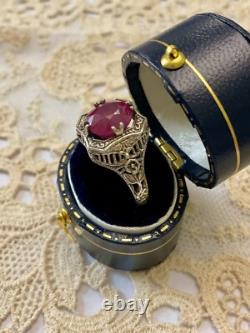 Antique Solid Silver Ring with Large Genuine Ruby