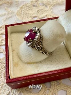 Antique Solid Silver Ring with Large Genuine Ruby