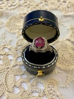 Antique Solid Silver Ring with Large Genuine Ruby