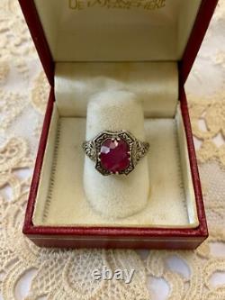 Antique Solid Silver Ring with Large Genuine Ruby