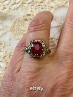Antique Solid Silver Ring with Large Genuine Ruby