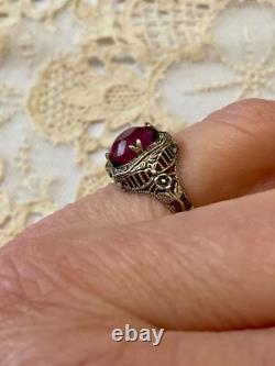 Antique Solid Silver Ring with Large Genuine Ruby