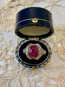 Antique Solid Silver Ring with Large Genuine Ruby