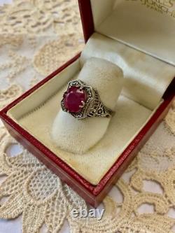 Antique Solid Silver Ring with Large Genuine Ruby