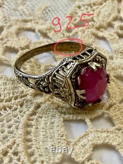 Antique Solid Silver Ring with Large Genuine Ruby