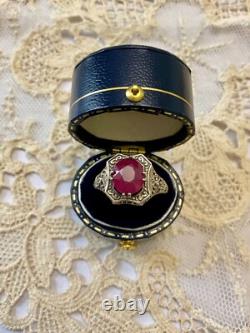 Antique Solid Silver Ring with Large Genuine Ruby