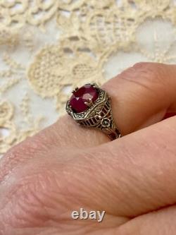 Antique Solid Silver Ring with Large Genuine Ruby