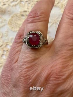 Antique Solid Silver Ring with Large Genuine Ruby