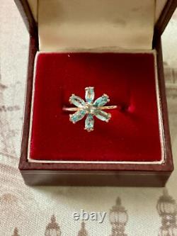 Antique Solid Silver/Rose Gold Ring with 7 Genuine Blue Topazes Flower